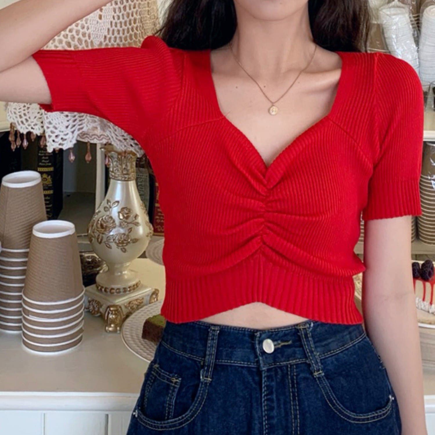 新作 ハートネックミニ丈ニットトップス 韓国ファッション[品番  