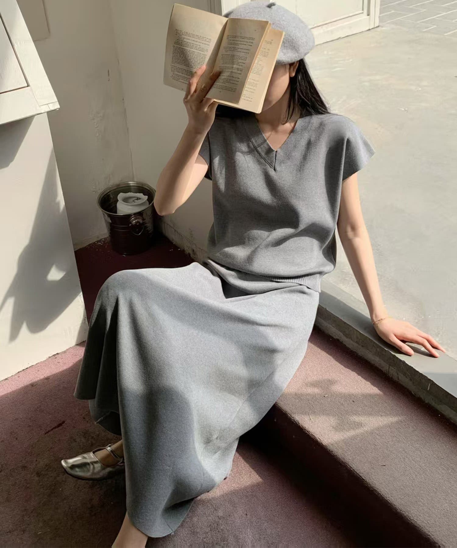 Vネックニットセットアップ 2点セット ニット＋スカートセット