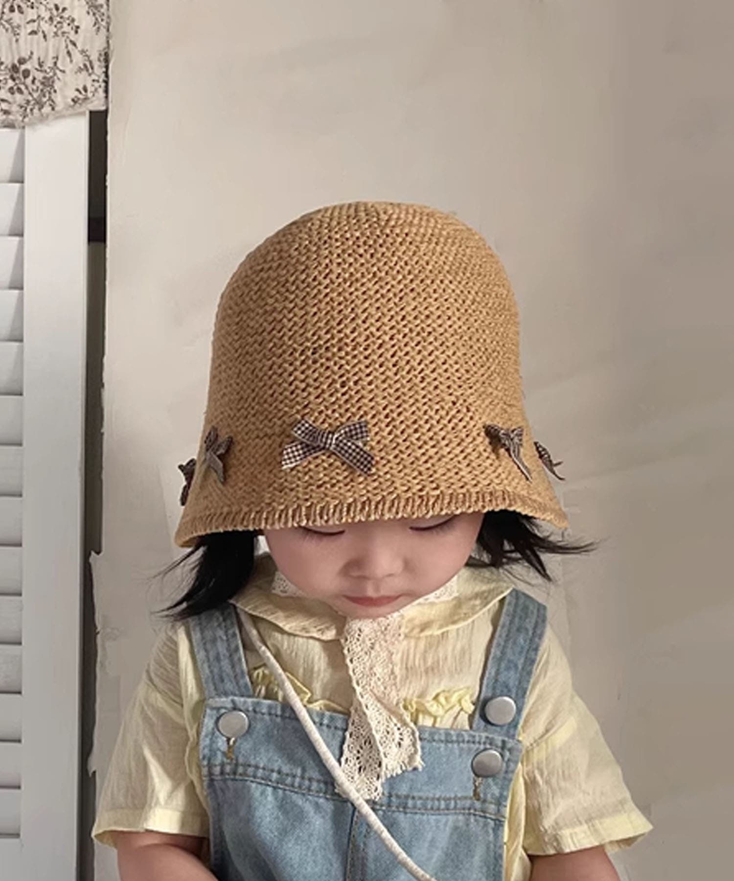 リボン付き麦わら帽子 ベージュ コカ coca リボン付き透かし編み麦わら帽子 （Lt.beige