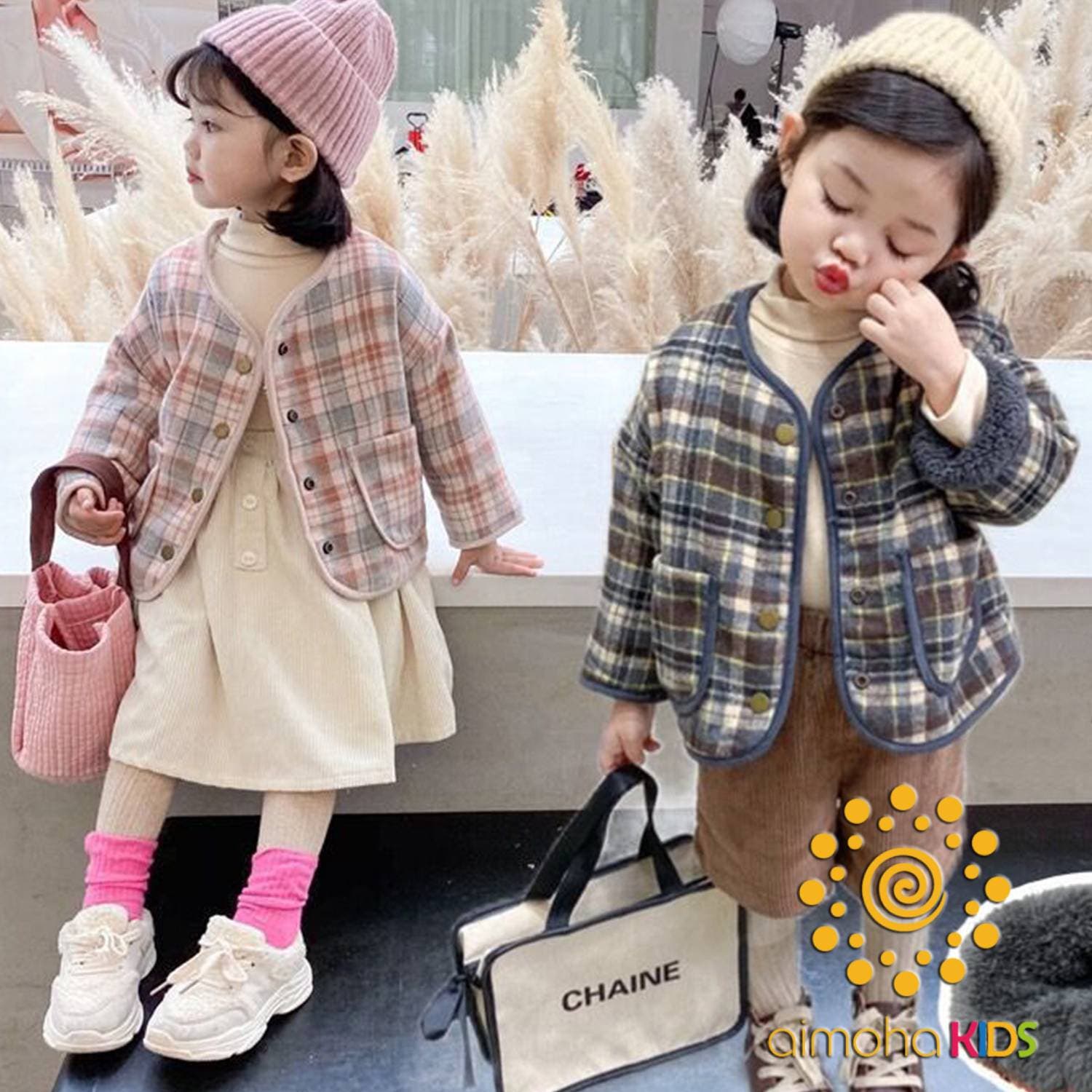 韓国子供服 チェック柄暖かいボア裏地ノーカラージャケット キッズ