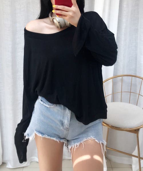 オーバー肩見せトップス 韓国ファッション ハイウエスト[品番