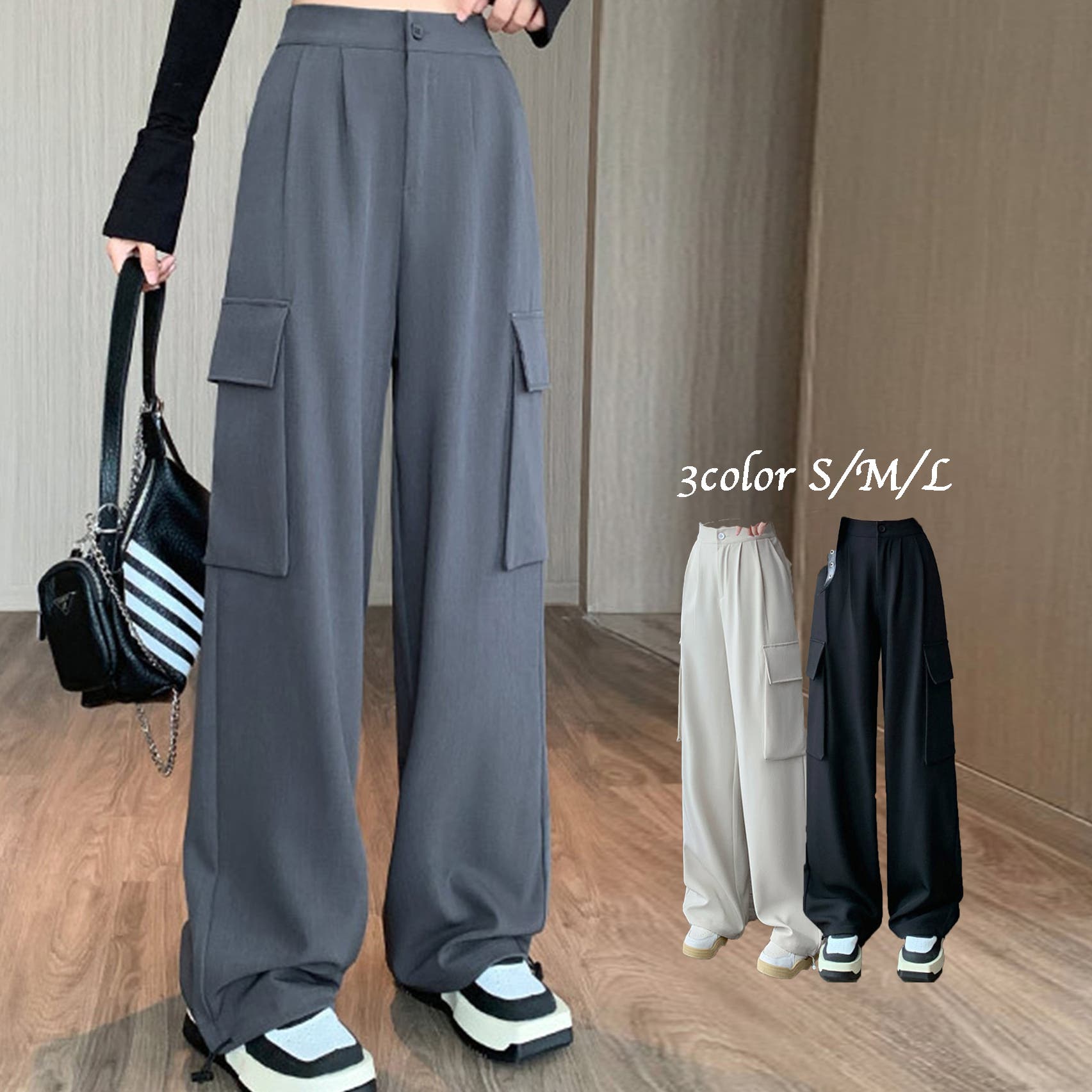 lownn ダークグレー ワイドパンツ 50 ワイドパンツ メンズ グレー 黒 スラックス ハイウエスト タック
