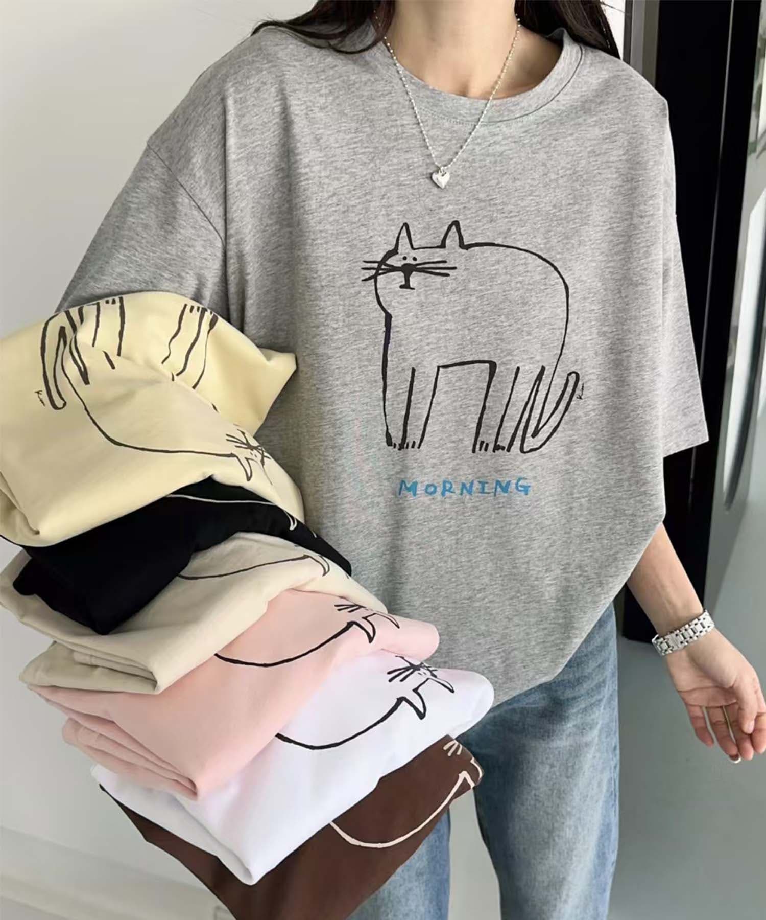 dizzit catプリントtシャツbeige キャットプリントデザインTシャツ[品番：XT000013430]｜aimoha
