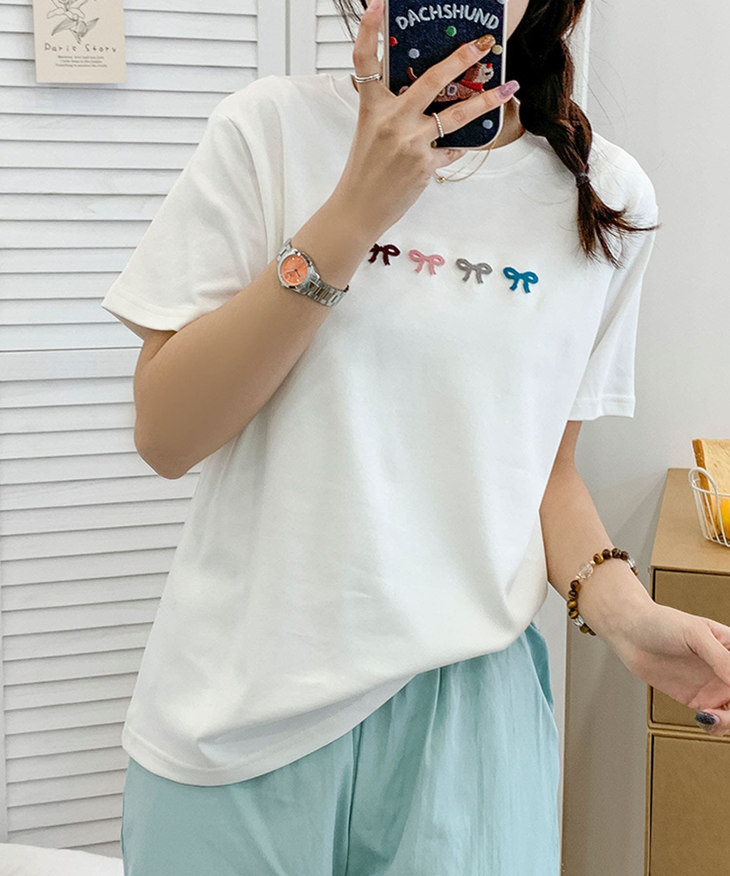 マルチカラーリボン刺繍Tシャツ[品番：XT000014490]｜aimoha