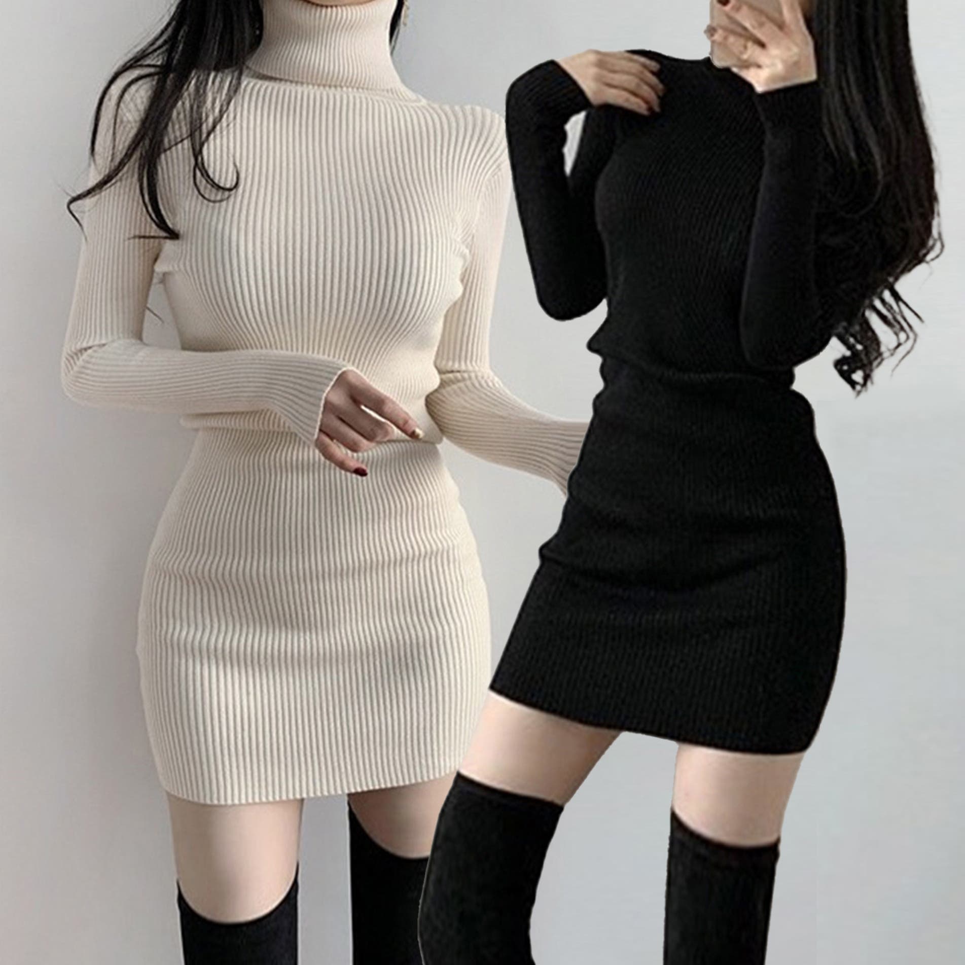 Jasmine Grandiflorum 新作タートルネックニットミニ丈ワンピース[品番