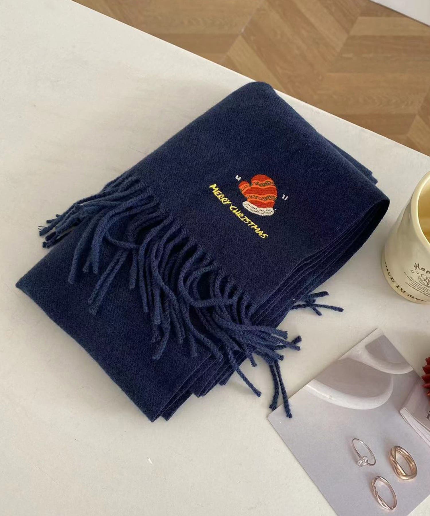 クリスマスワンポイント刺繍マフラー【AW】[品番：XT000012376