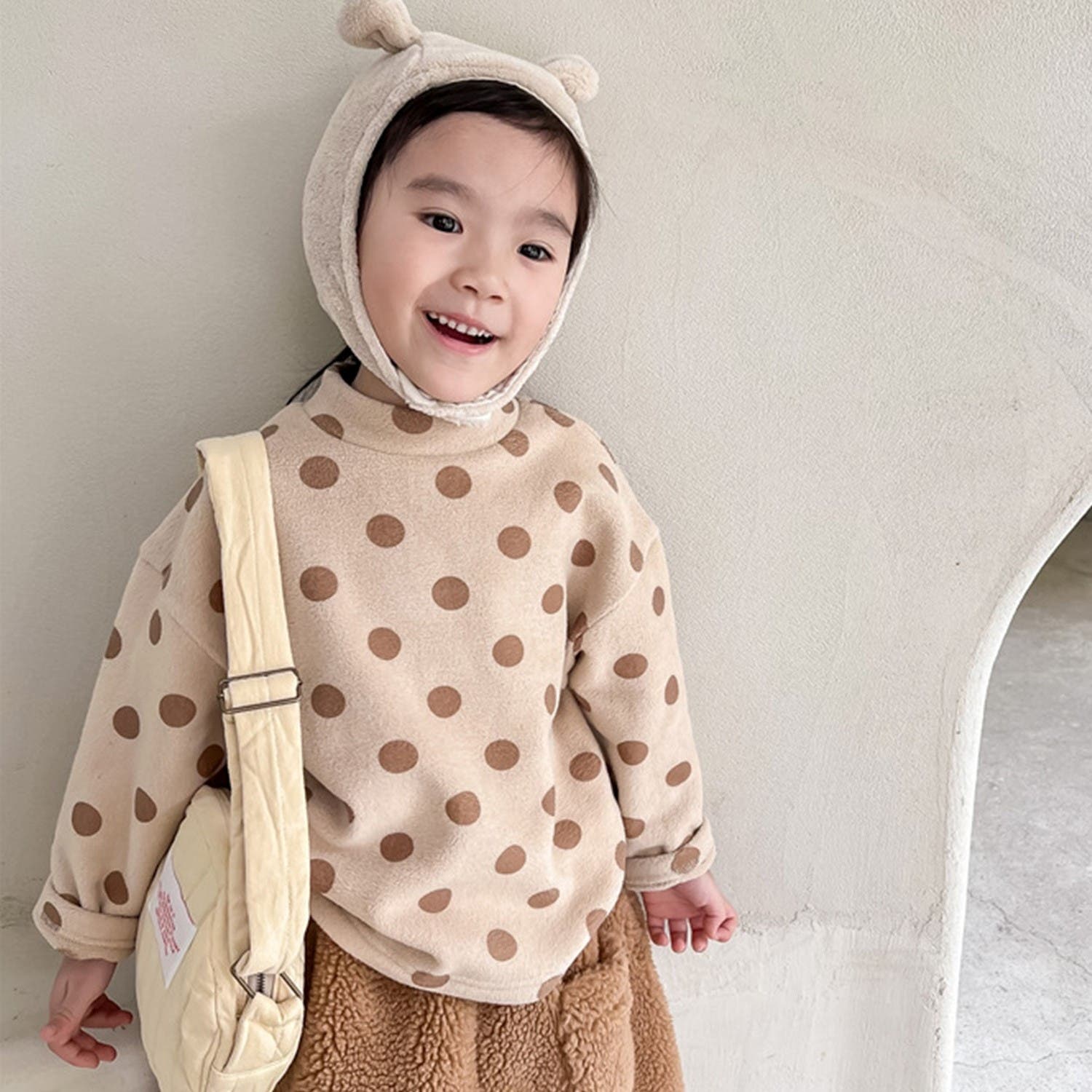 韓国子供服 ドット柄フリーススウェット ロンT[品番：XT000006338