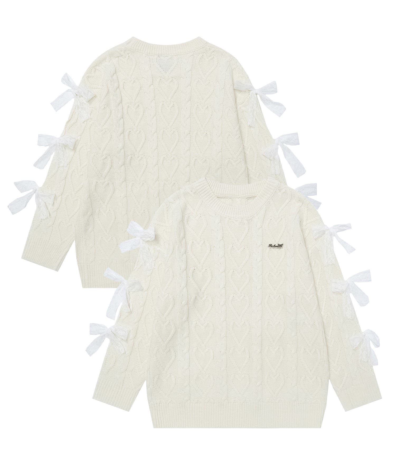 【HOOK】for　girls　袖リボンハートケーブル編みニットプルオーバー for girls 袖リボンハートケーブル編みニットプルオーバー[品番