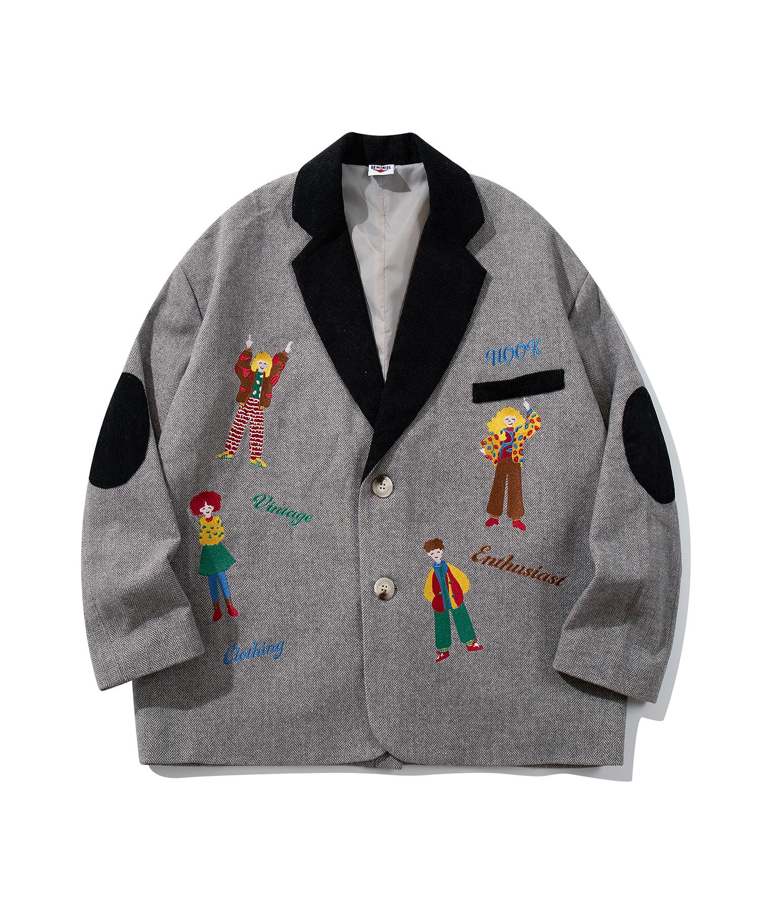 nanako0923 様SHARE SPIRIT 背面刺繍テーラードジャケット HOOK -original- レトロ調人物刺繍異素材襟テーラードジャケット[品番