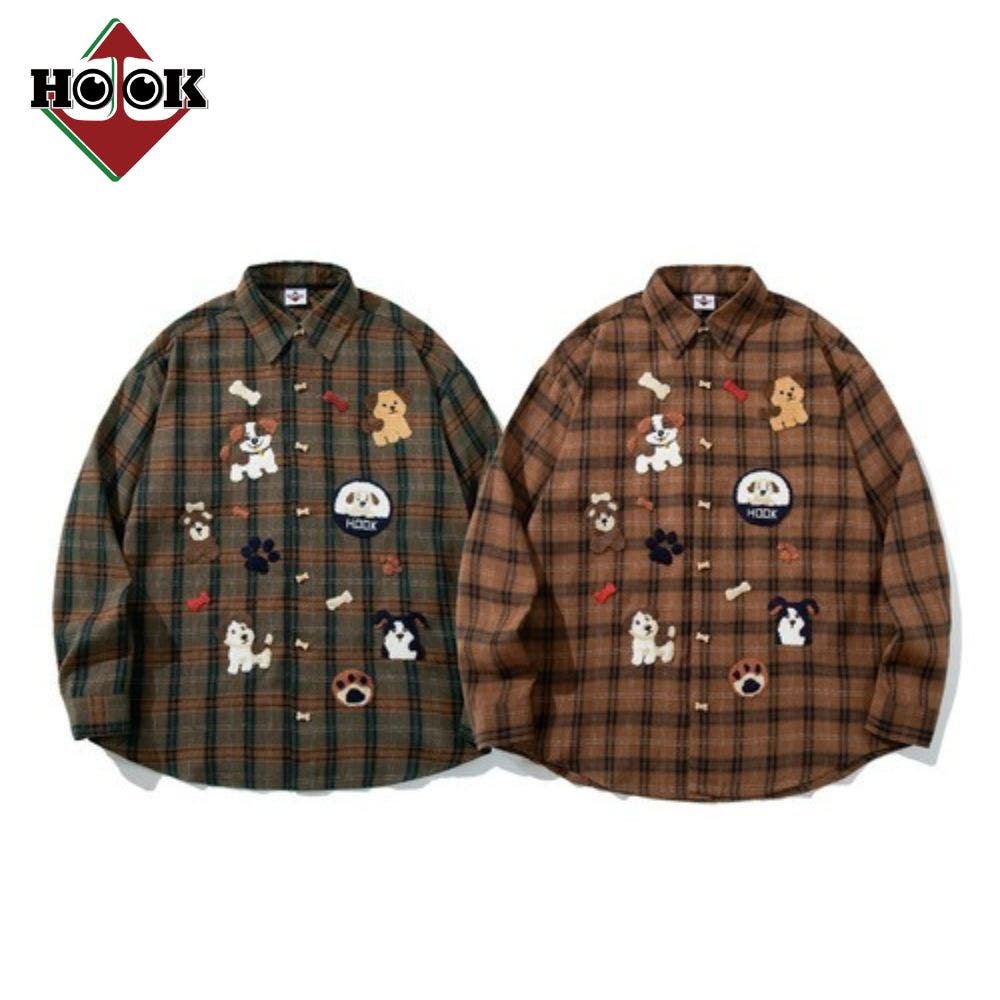 HOOK -original- レトロ古着風 ドッグ刺繍チェックシャツ[品番