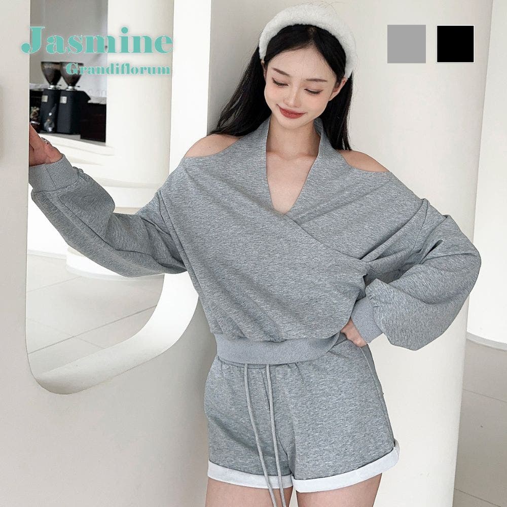 Jasmine】肩見せスウェット+ウェットショートパンツ[品番：XT000015061