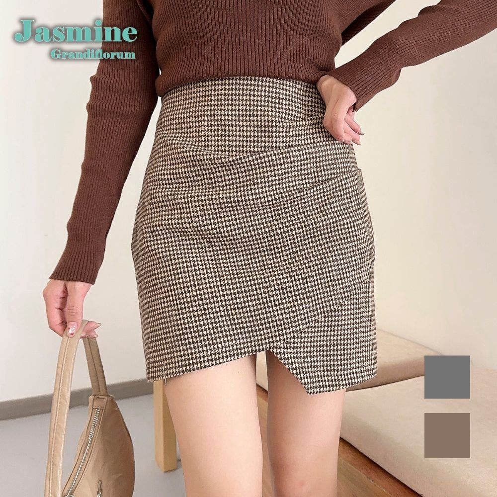 Jasmine】千鳥柄アシンメトリーハイウエストミニスカート[品番