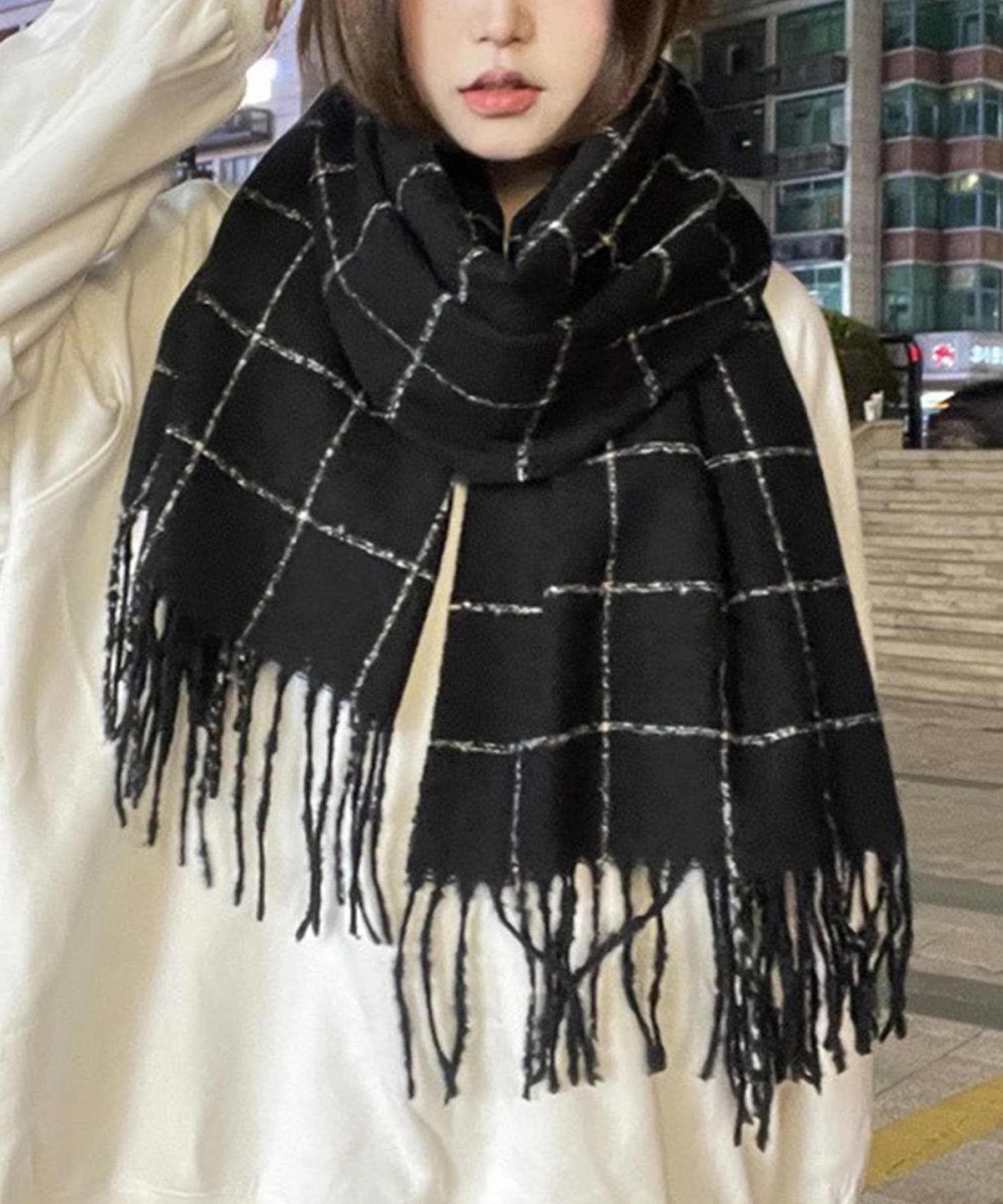 チェック柄フリンジマフラー【AW】[品番：XT000011885]｜aimoha