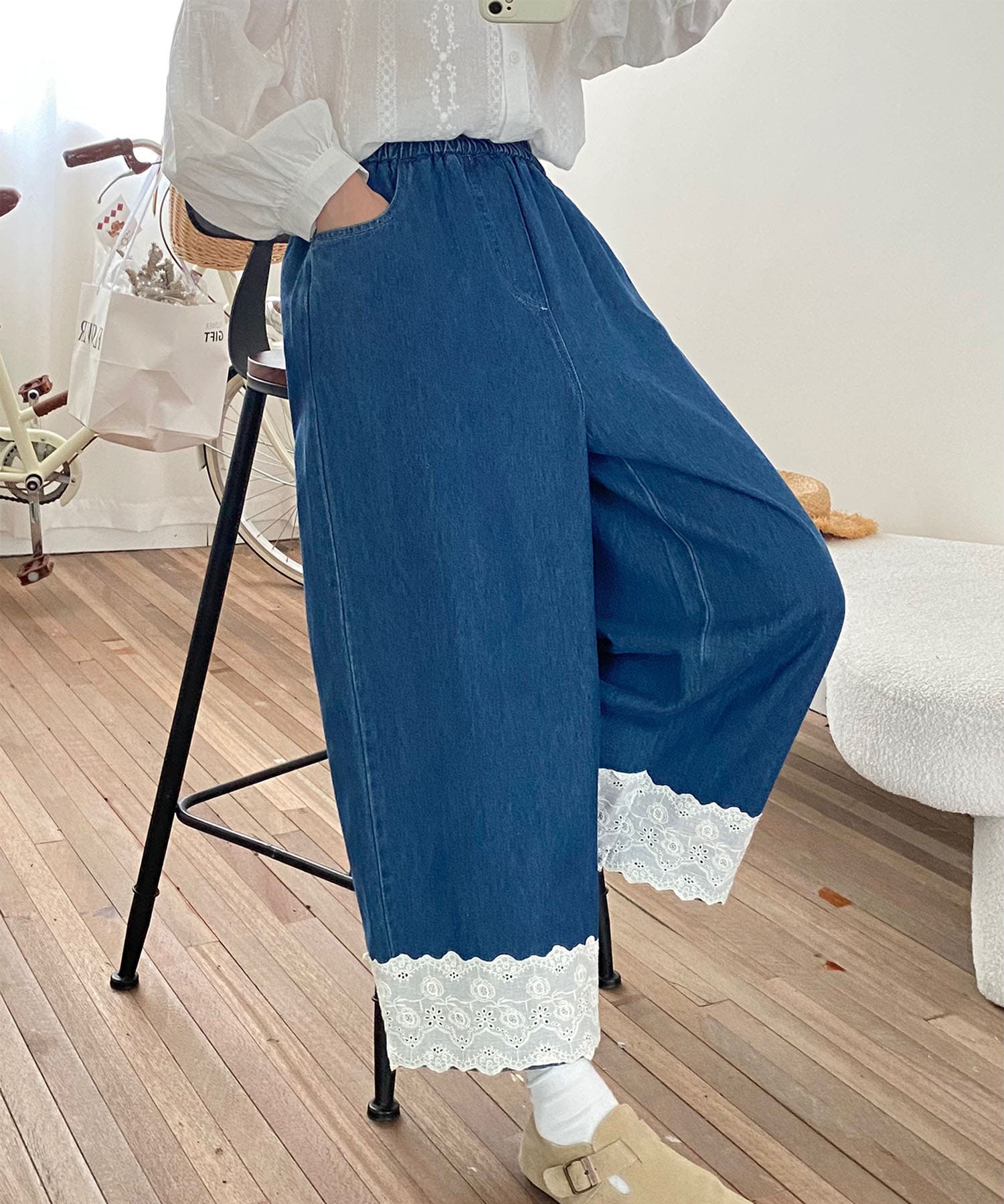 レーストリムワイドデニムパンツ[品番：XT000012779]｜aimoha