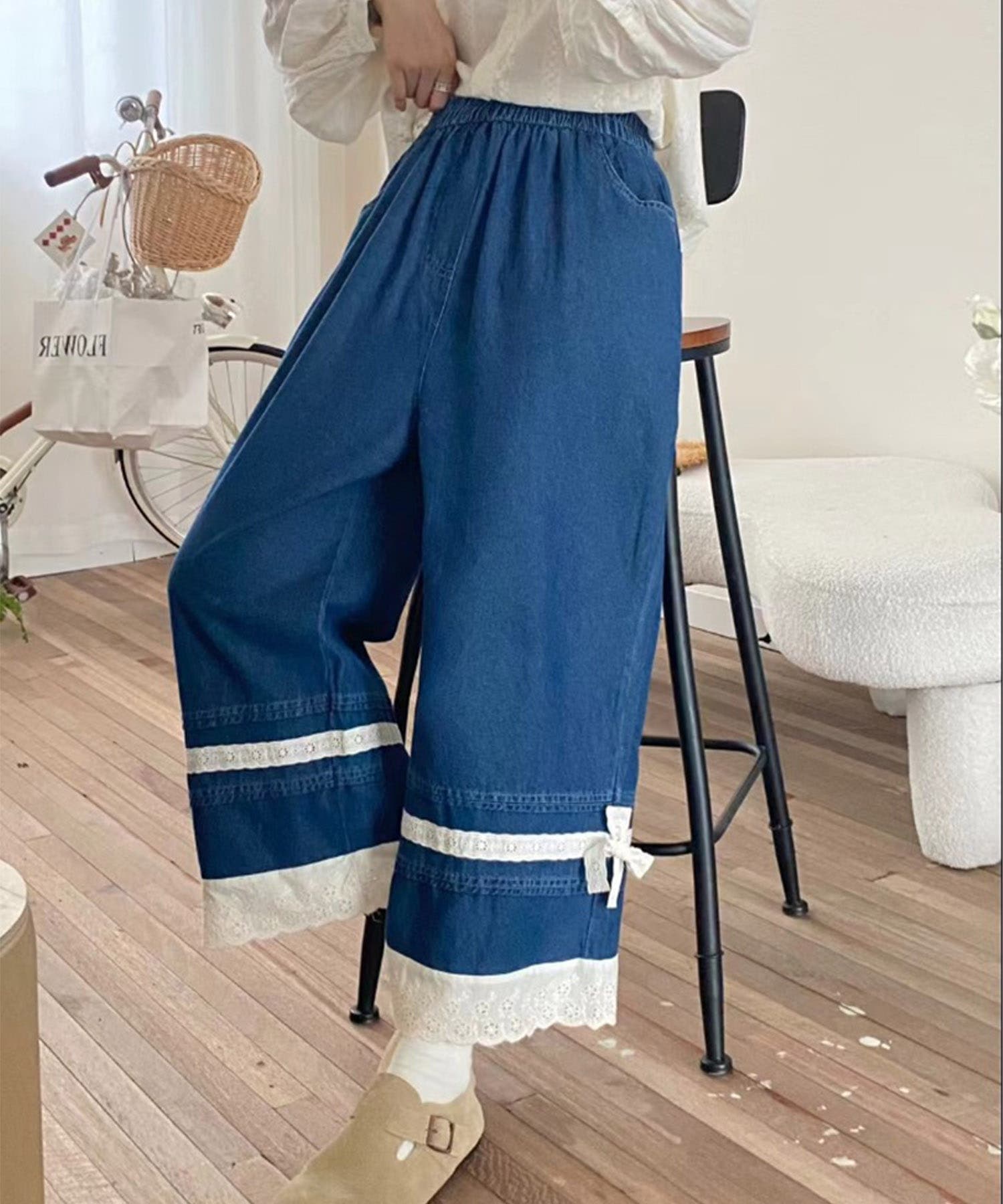 レース付きデニムワイドパンツ[品番：XT000012780]｜aimoha （アイモハ