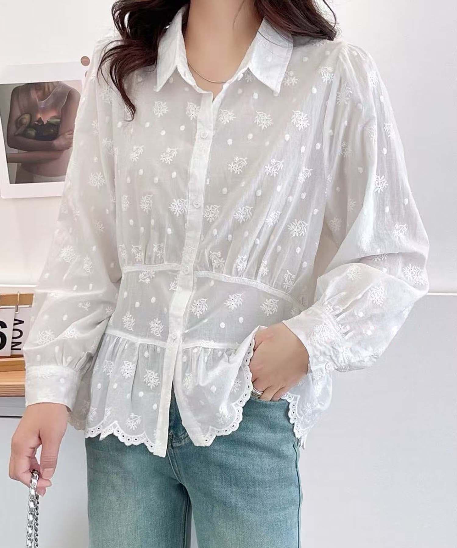 裾スカラップレース花柄シャツ[品番：XT000012831]｜aimoha （アイモハ 