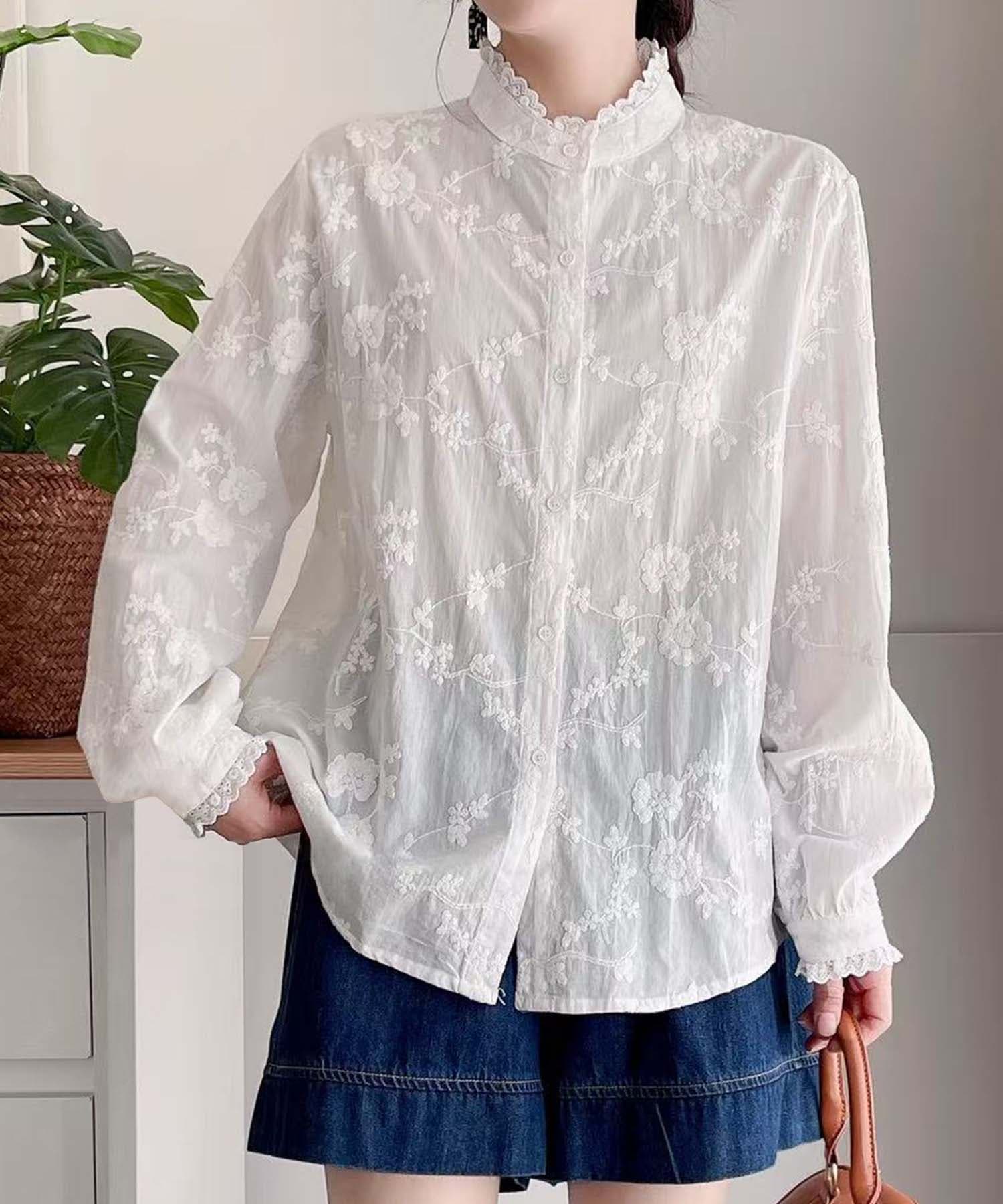 花柄刺繍フリル襟シャツブラウス[品番：XT000012685]｜aimoha