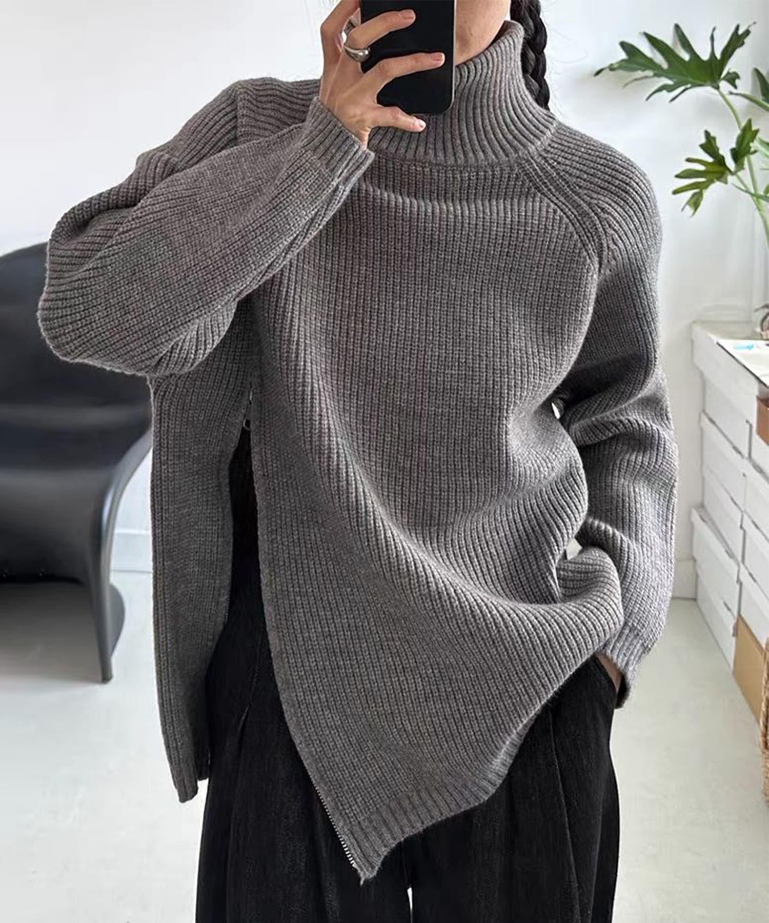 斜めファスナー アシンメトリーニットトップス（ダブルジップ仕様