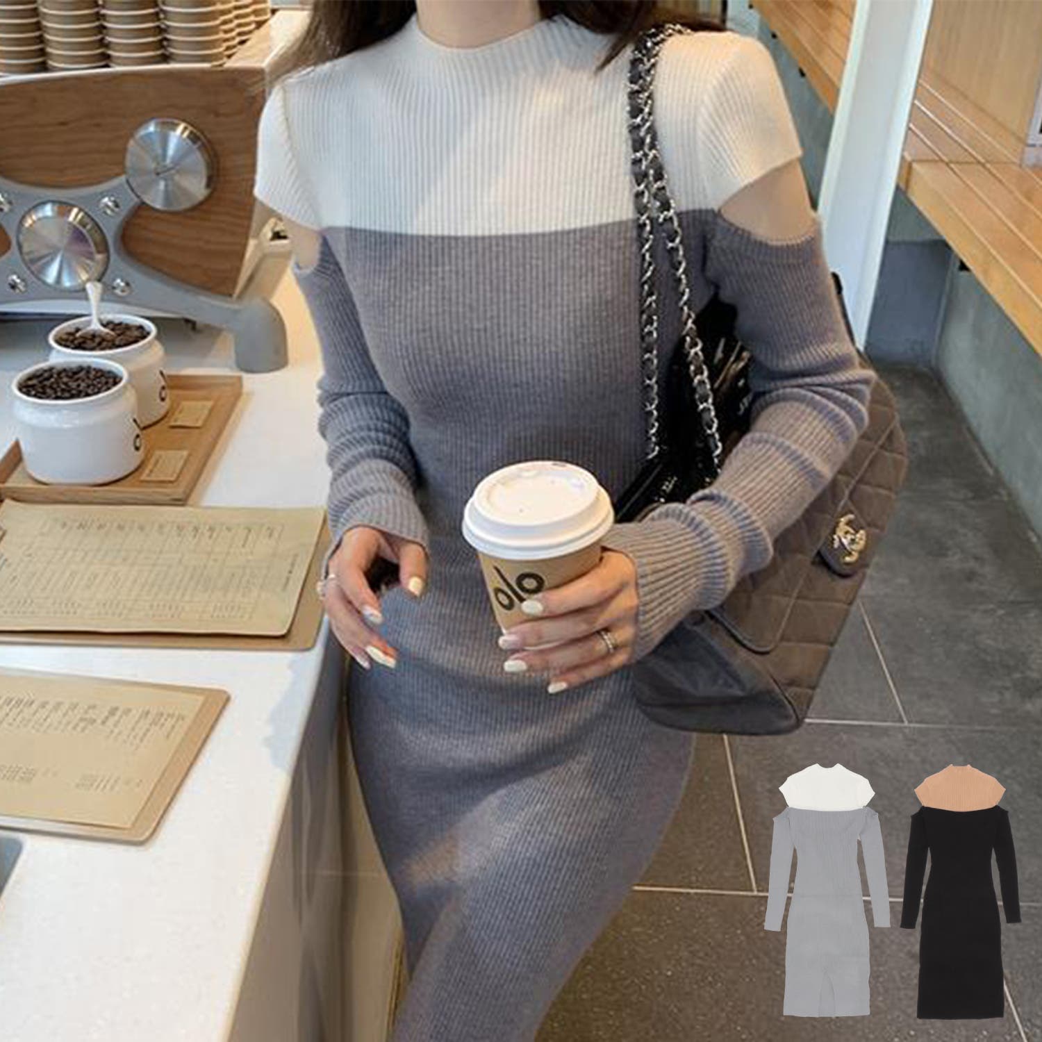 ワンピース 2トーンカラー肩開きニットロングワンピース 韓国