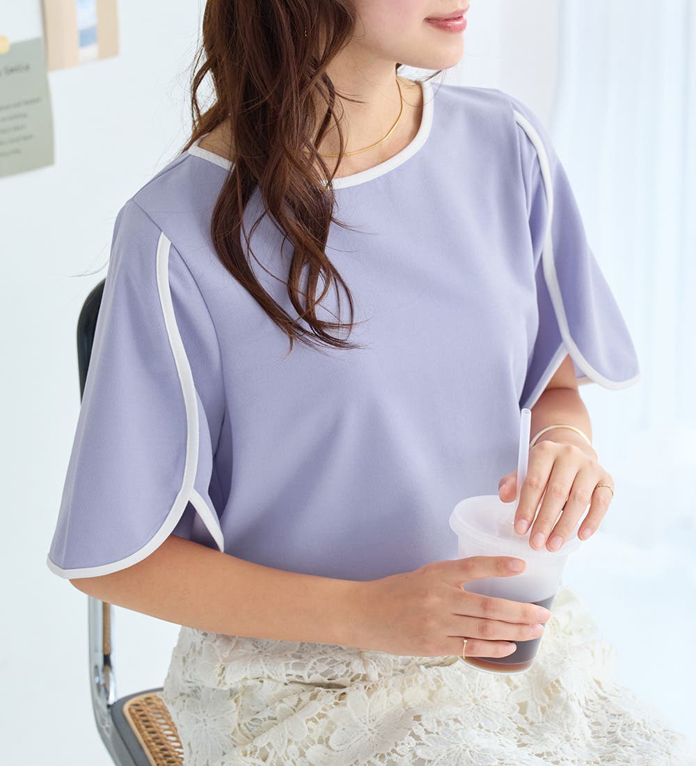 配色デザインチューリップ袖Tシャツブラウス[品番：ATTW0007596