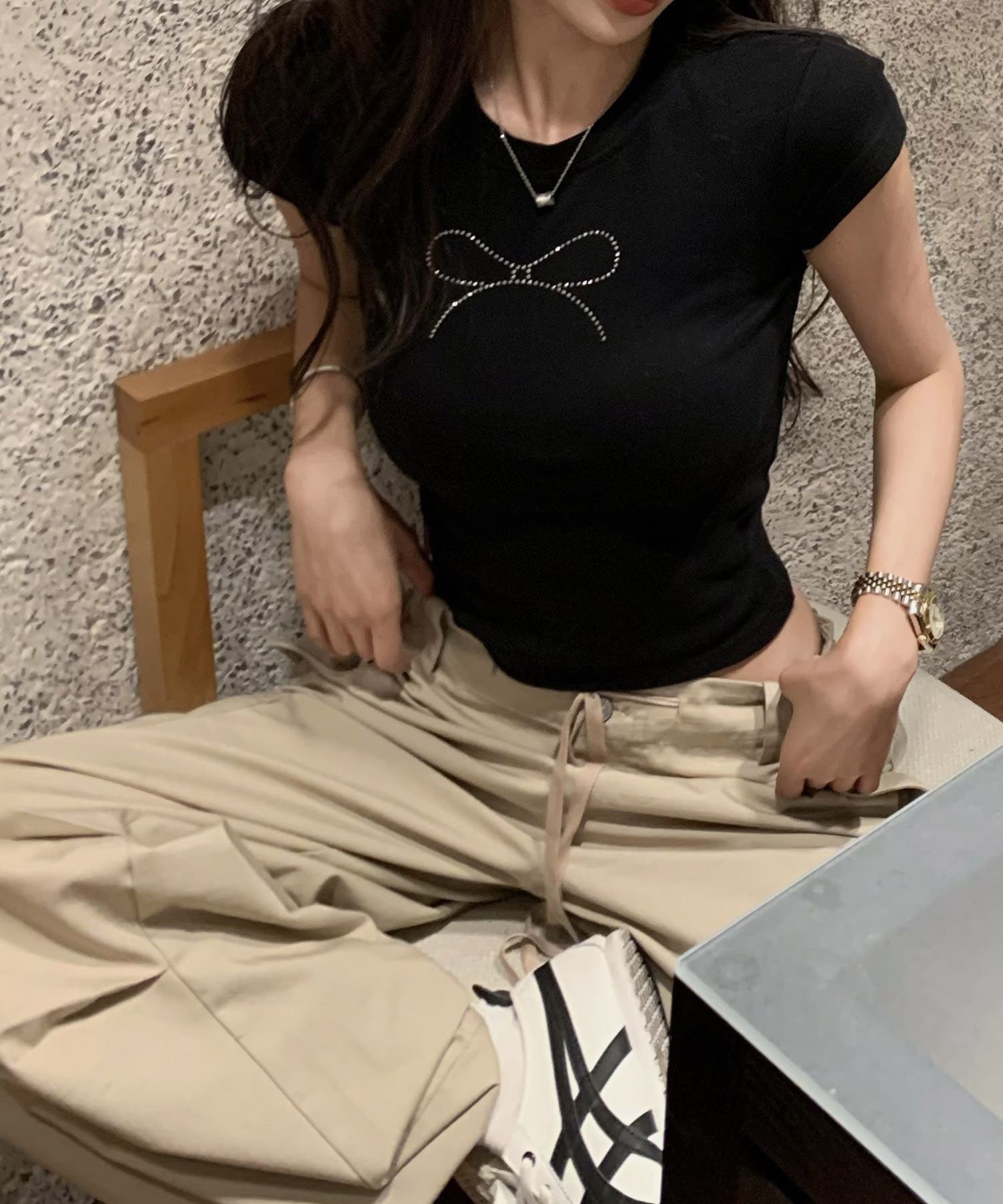 ラインストーン リボン クロップド Tシャツ[品番：ALTB0002481