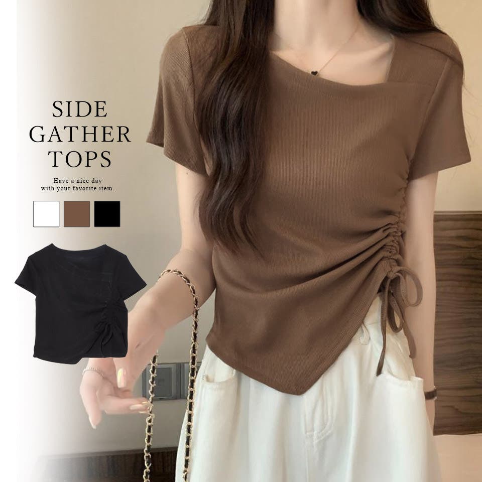 ドロスト リボン アシンメトリー 韓国風 Y2K トップス サイドギャザー