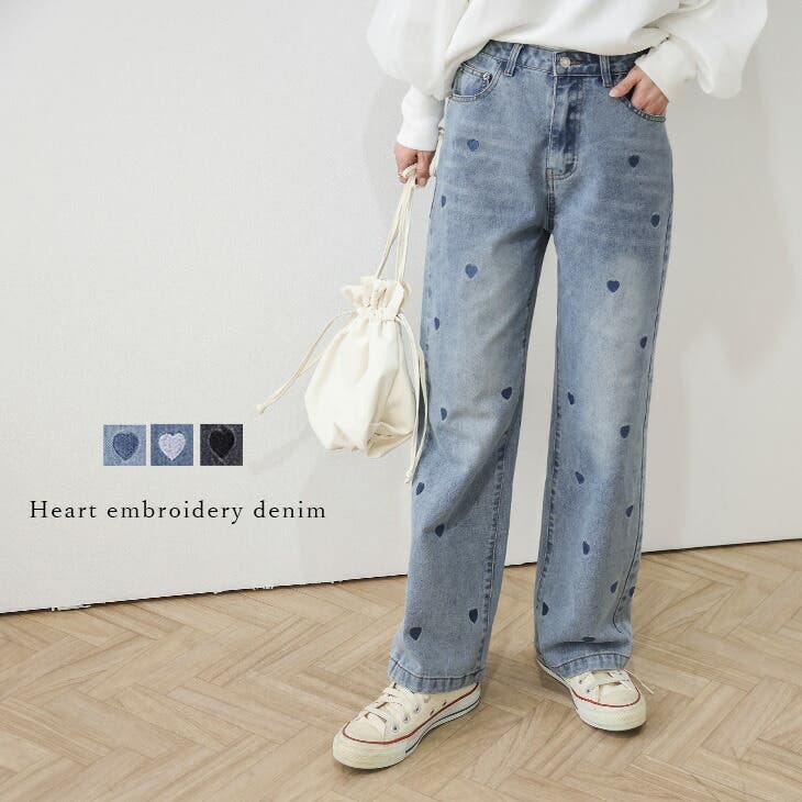 MUCENT MUSINSA刺繍入りダークグレー デニム ハート MUCENT MUSINSA刺繍入りダークグレー デニム ハート