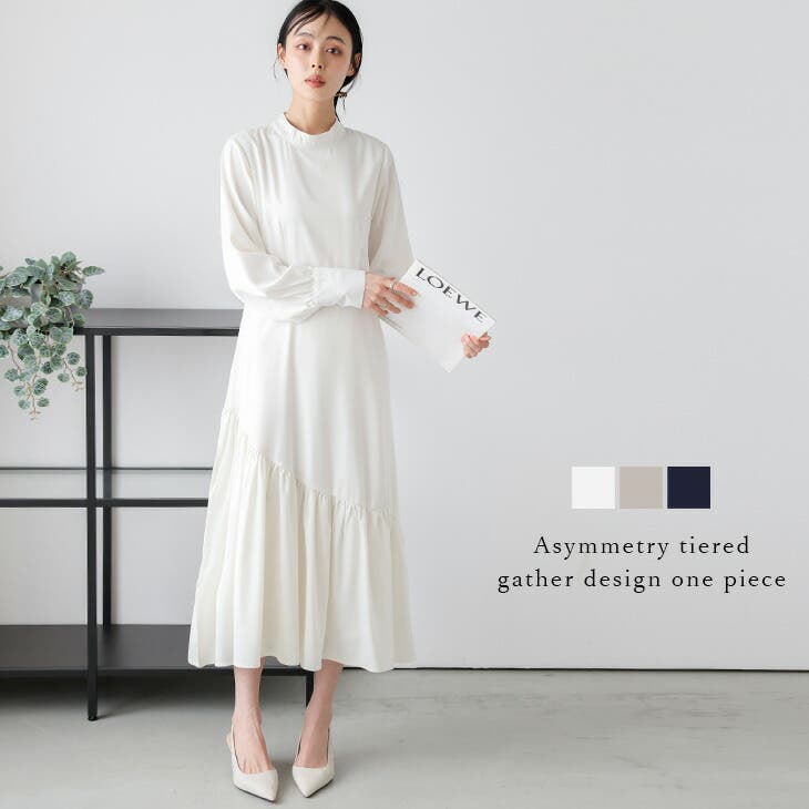ワンピース ギャザー アシンメトリー[品番：AMLW0003154]｜AMELY