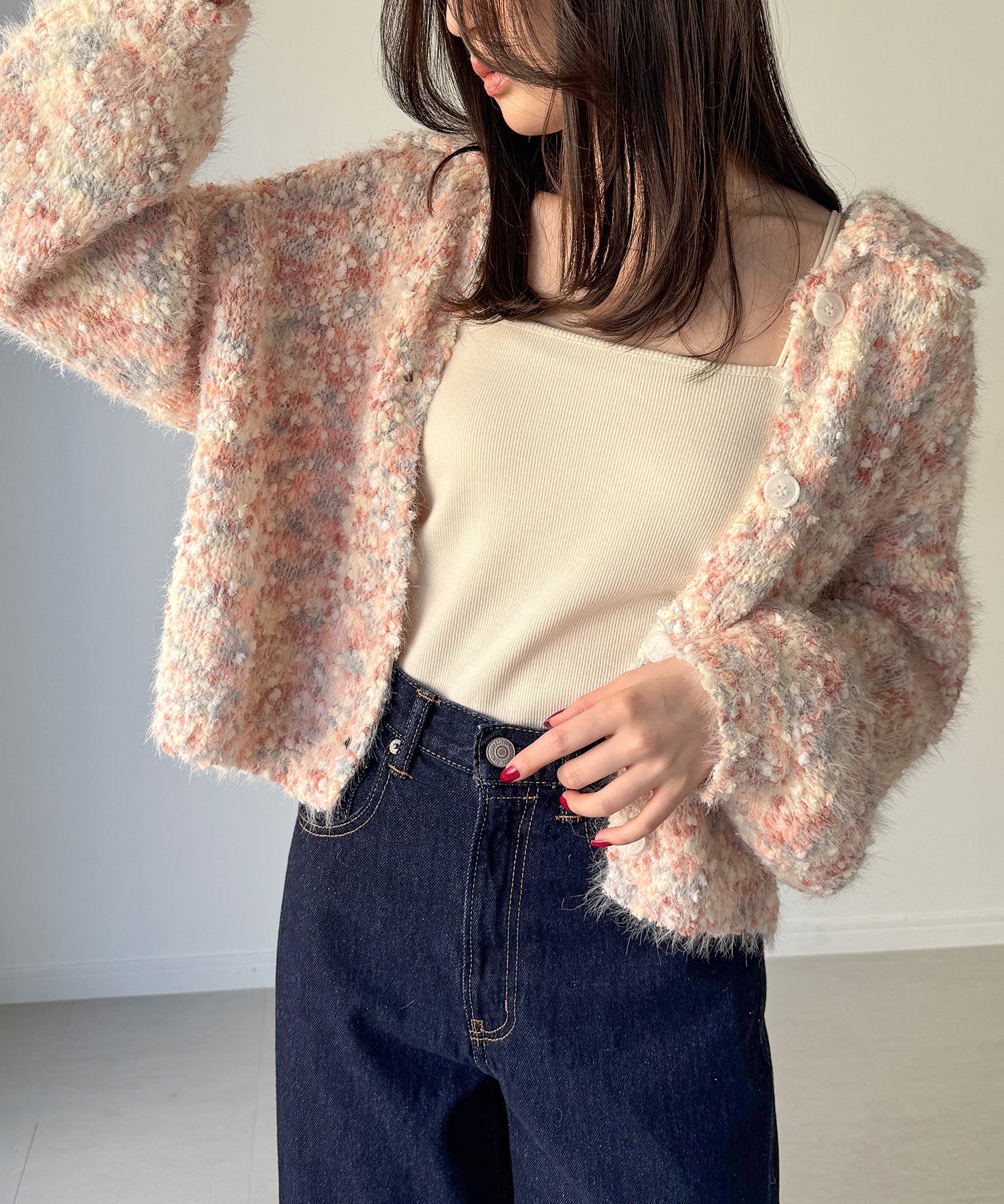 つぶつぶミックスカラー襟付きニットカーディガン[品番：AMTW0012879