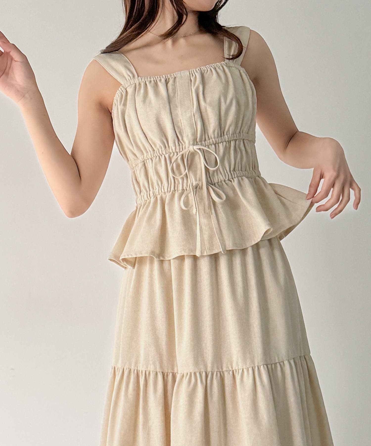 リネン混フロントリボンビスチェ＋ティアードスカートset[品番