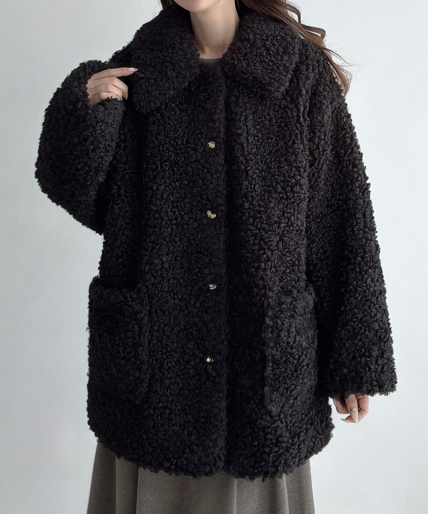 meiru プードルファーステンカラーミドルコート ブラウン メイル Meiru Meiru プードルファーステンカラーミドルコート