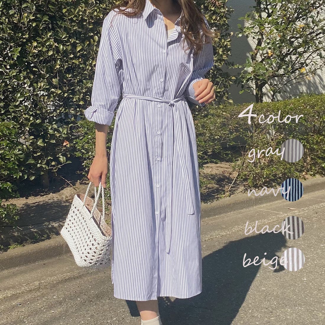 ４５Ｒ　　ストライプウエストリボン付き長袖ワンピース 1.jpg