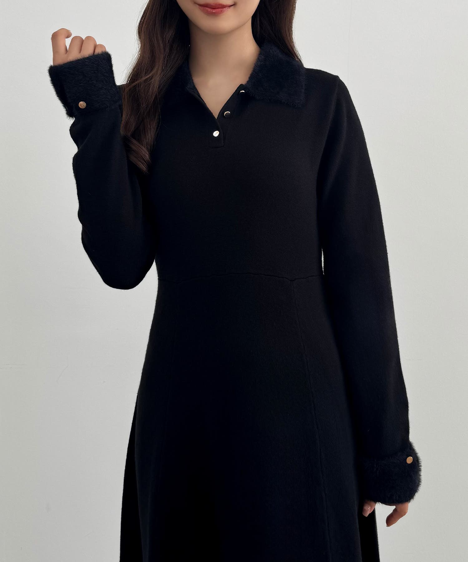 CENEA シャギーカラーフレアニットワンピース[品番：AMTW0012772