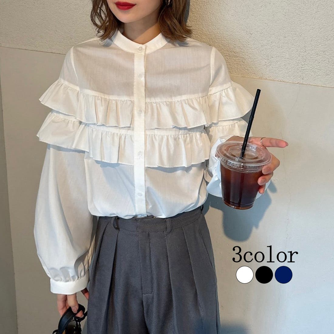 ノワール ケイニノミヤ　スタンドカラー フリルショルダー ワイドスリーブブラウス スタンドカラーフリルブラウス[品番：AMTW0010371]｜JUNOAH（ジュノア