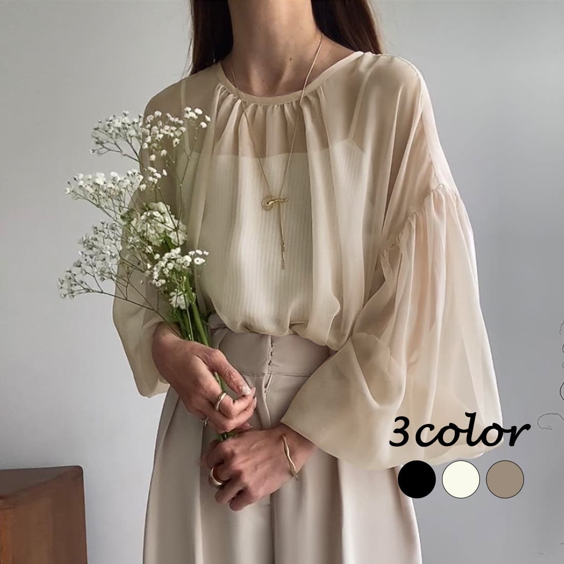 FILLOU 2wayバルーンスリーブシアーブラウス[品番：AMTW0010190