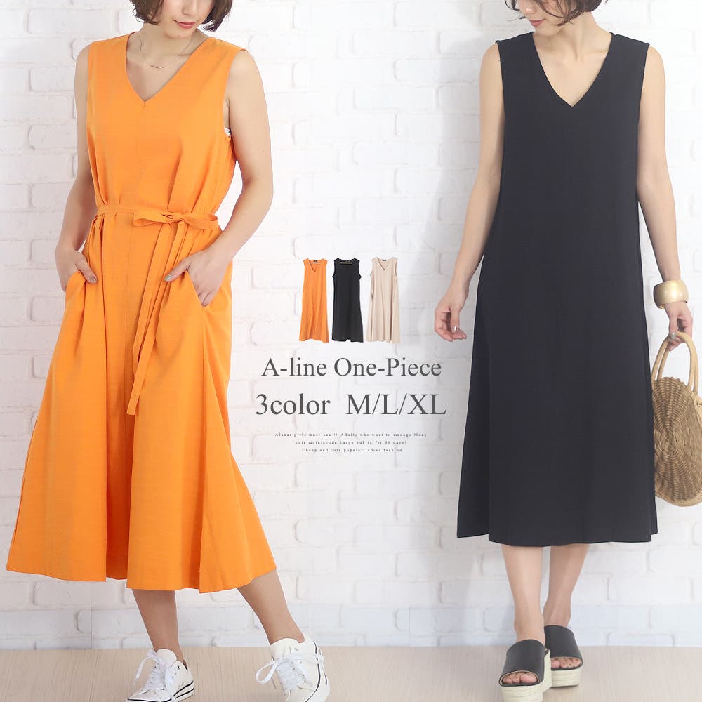ノースリーブ Aラインワンピース 夏 レディース ドレープ感[品番