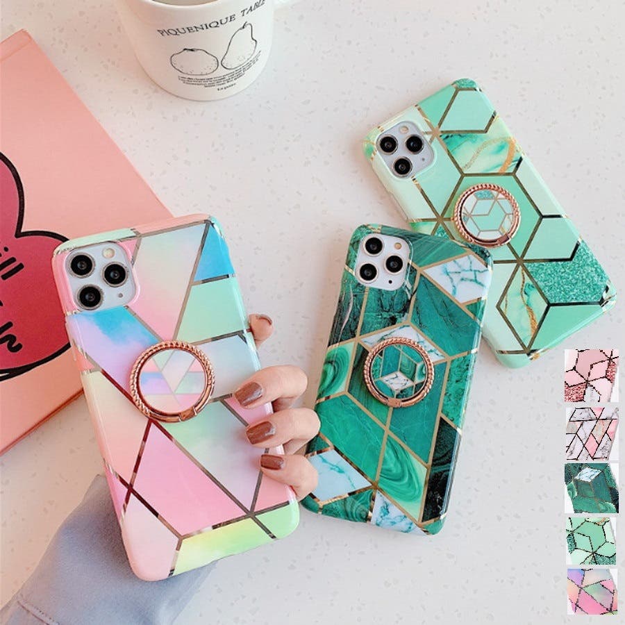 スマホケース カラフルラインパターン バンカーリング付きiPhone