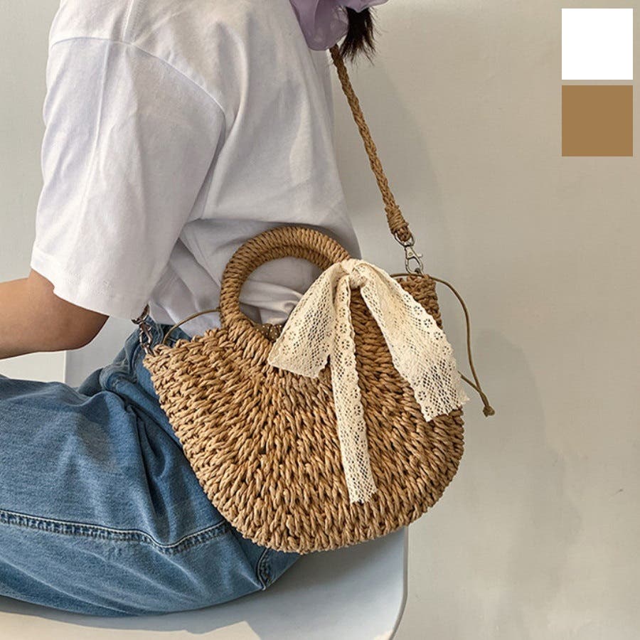 【送料込】韓国★COURONNE Seine Easy Raffia ショルダーバッグ リボン刺繍2WAYショルダーバッグ ミニトート 韓国ファッション