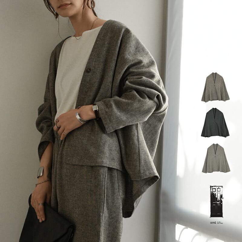 ヘリンボーン柄ショートローブ ジャケット レディース[品番