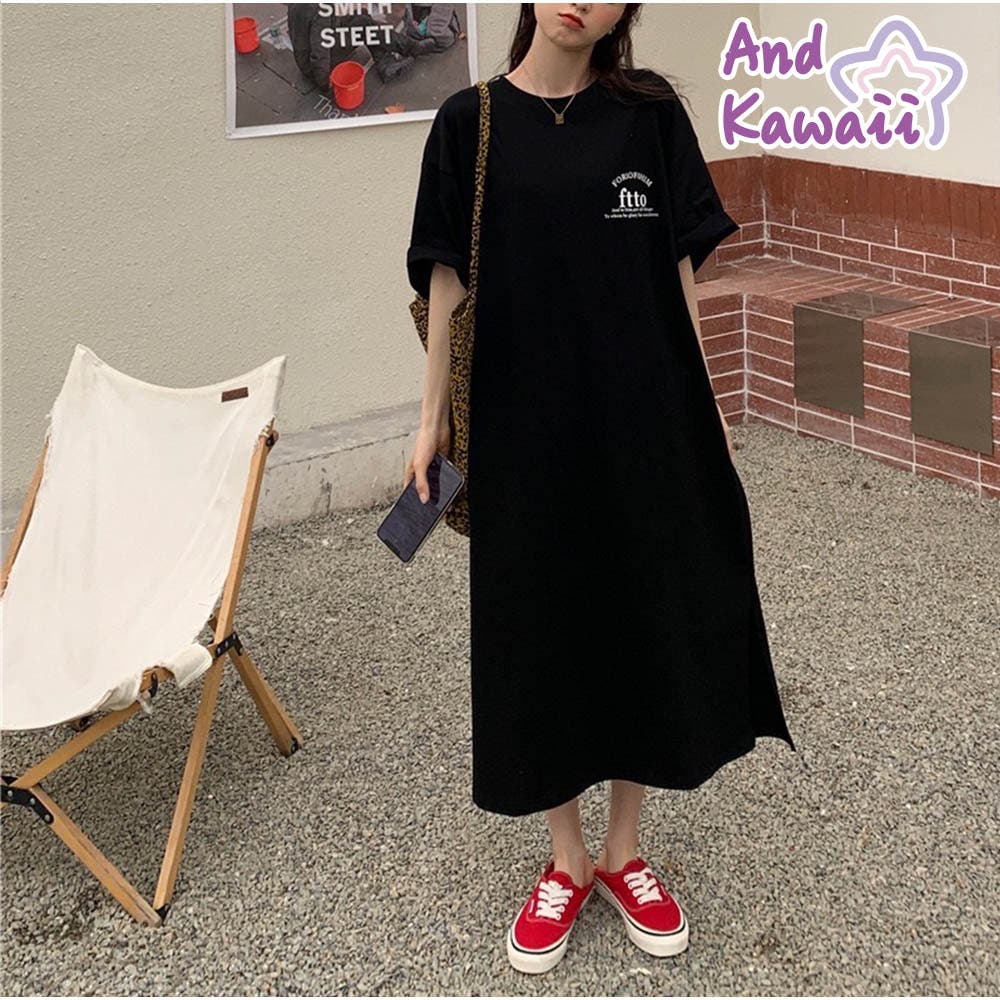Tシャツワンピース 前後ロゴプリント ミモレワンピ[品番