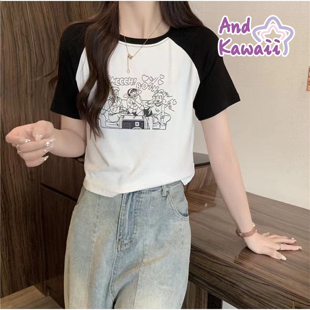 レトロ漫画プリント配色Tシャツ 半袖 カジュアル ショート丈 [品番