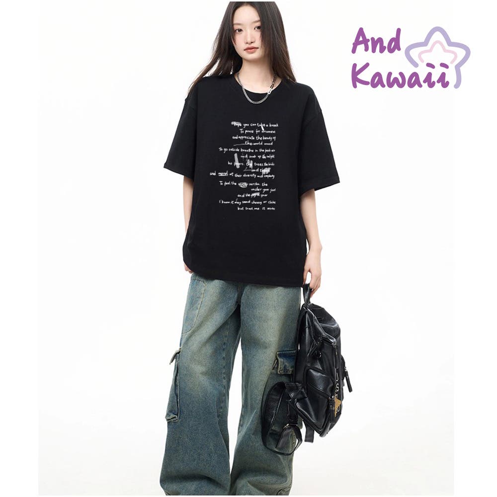 オーバーサイズ半袖Tシャツ 英字プリント 韓国風[品番