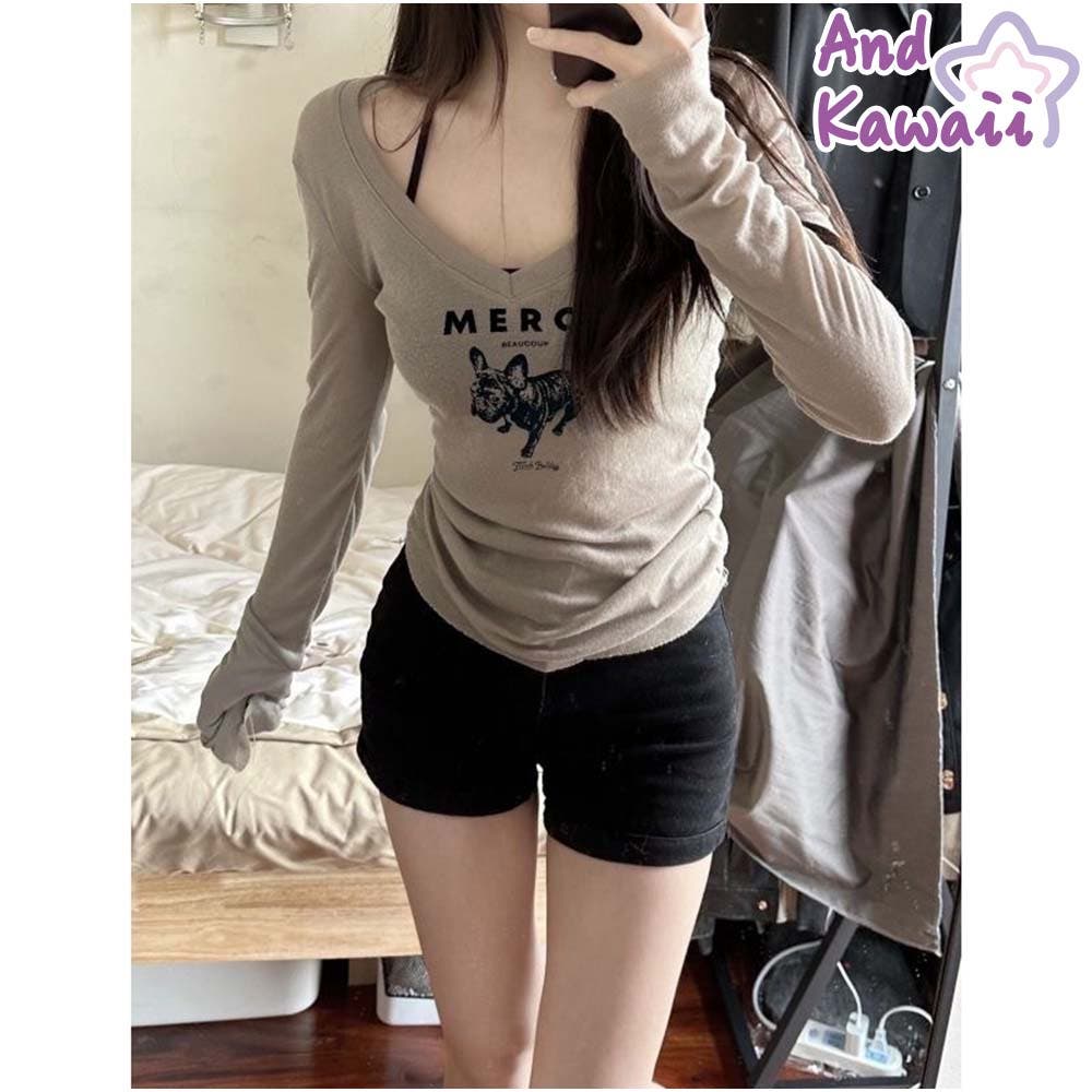 お得なセール情報 長袖Tシャツ Vネック スリムフィット レディース 韓国 ロゴ Clothing