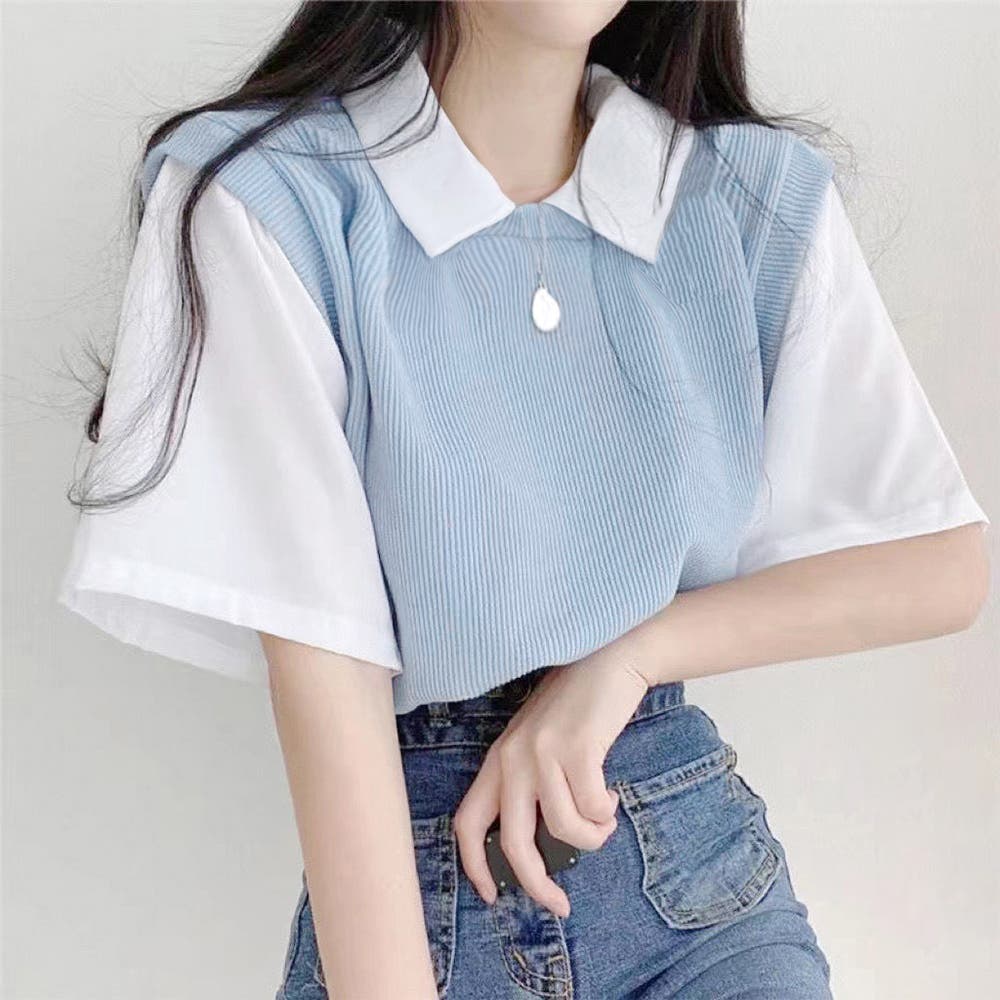 半袖ニットtシャツ レイヤード風Tシャツ[品番：AGCW0004388