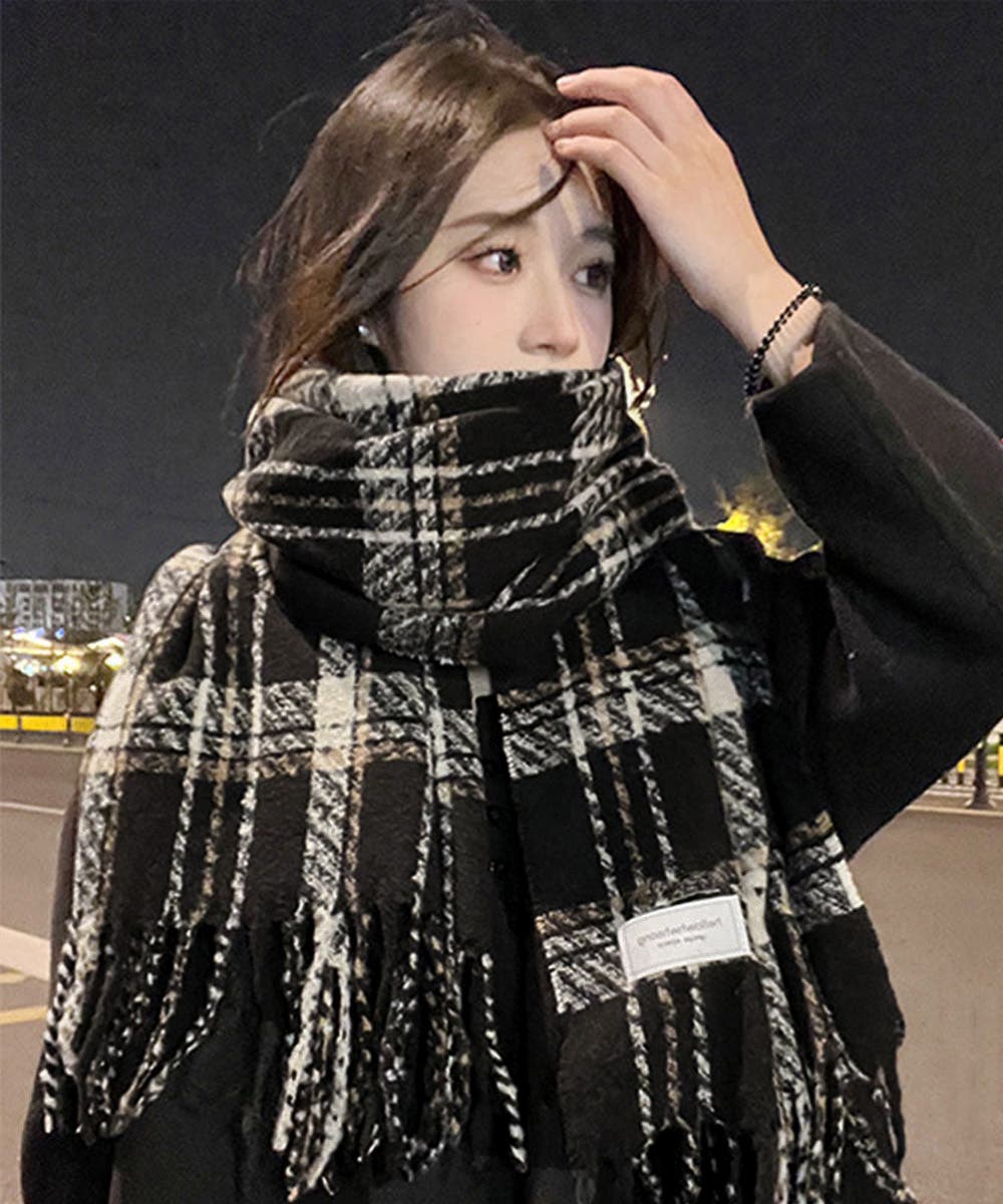 チェック柄ストール 大判フリンジマフラー[品番：AGCW0005953