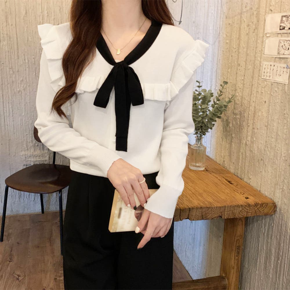 ボウタイニットトップス レディース 大人[品番：AGCW0003389