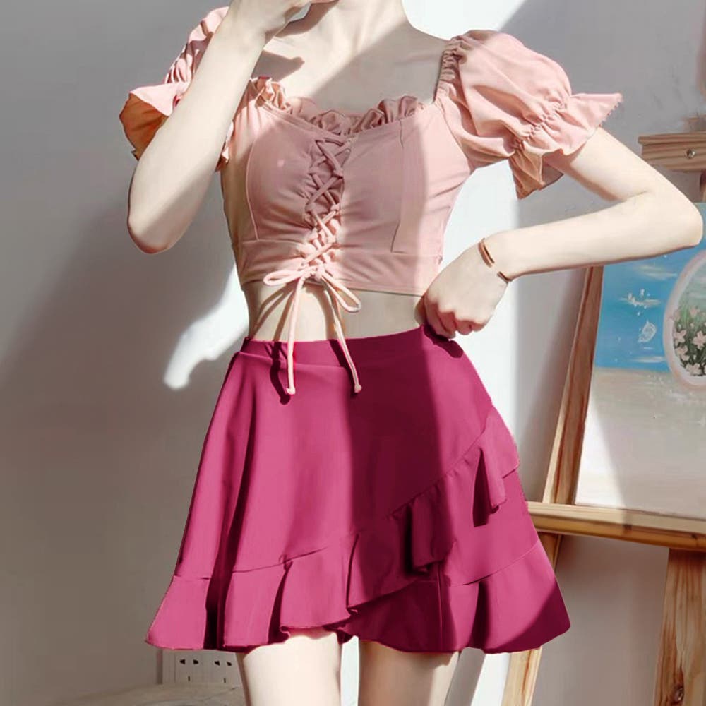 ■新品■PINK(ピンク)シャインショルダーラッフルビキニセット XSorS □新品□PINK(ピンク)シャインショルダーラッフルビキニセット