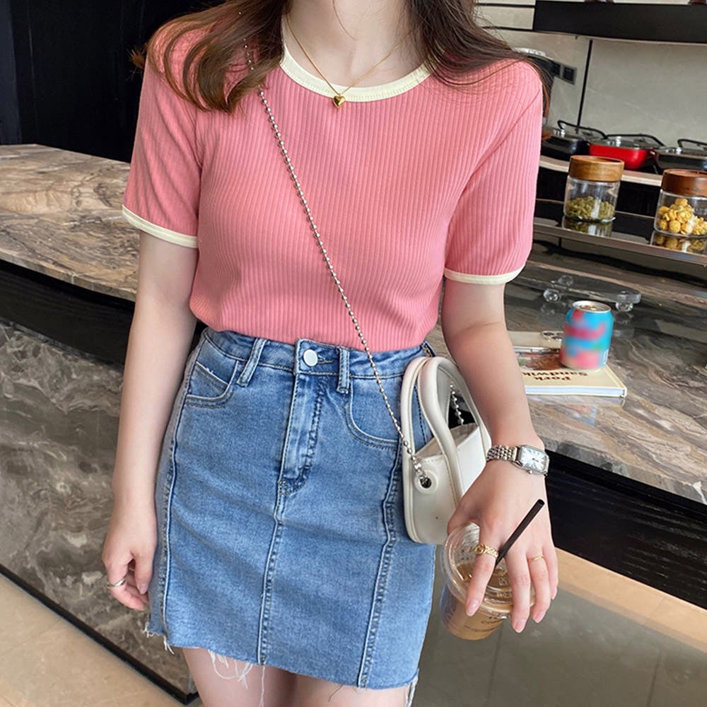 バイカラーリブTシャツ レディース半袖[品番：AGCW0004612]｜SUNSHINE