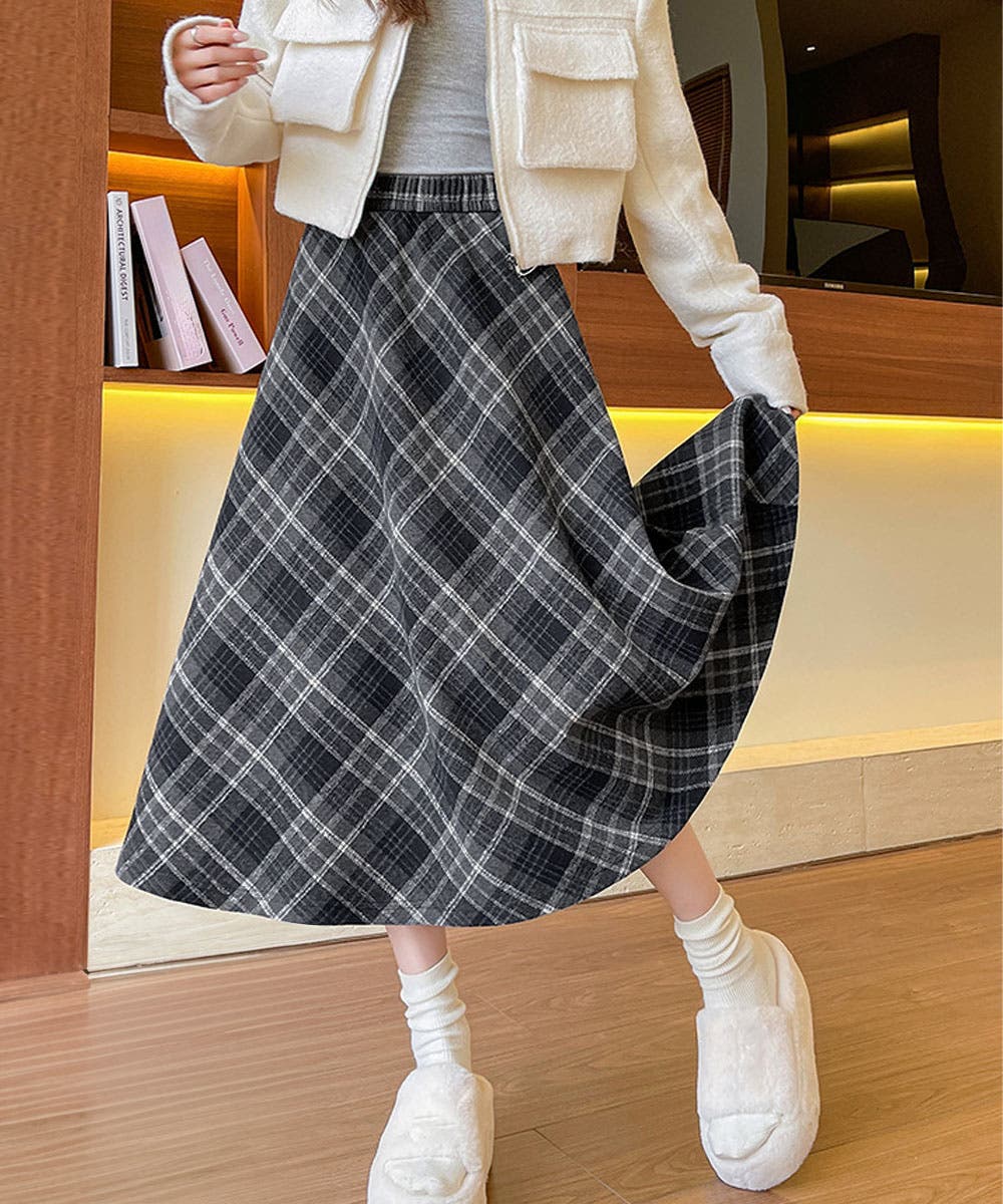 ☆FOXEY☆ グレー系 チェック柄 シルク混フレアスカート 40 フレアスカート チェック柄 美脚 春秋冬[品番：AGCW0007161]｜SUNSHINE
