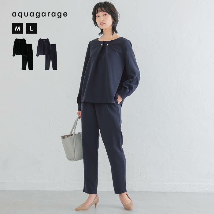 アクアガレージ aquagarage パール付きブラウスパンツセットアップ レディース 春 秋 長袖 M L （ブラック） パール付きブラウスパンツセットアップ レディース 春 秋 長袖